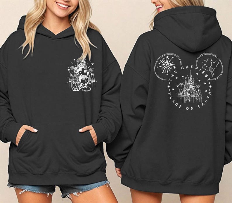 Mickey Disney Castle Front / Back (White) - Felpa con cappuccio GD, maglietta Disneyworld, il posto più felice della Terra, maglietta Disneyworld, maglietta Disney Trip immagine 1