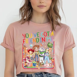 May include: A dusty rose t-shirt featuring a colorful graphic of Toy Story characters including Woody, Buzz Lightyear, Jessie, and Rex. The text "YOU'VE GOT A FRIEND IN ME" is printed in multi-colored letters above the group of animated figures.