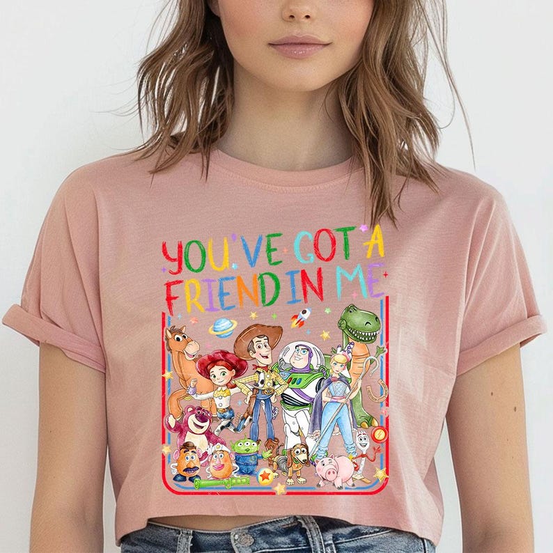 May include: A dusty rose t-shirt featuring a colorful graphic of Toy Story characters including Woody, Buzz Lightyear, Jessie, and Rex. The text "YOU'VE GOT A FRIEND IN ME" is printed in multi-colored letters above the group of animated figures.