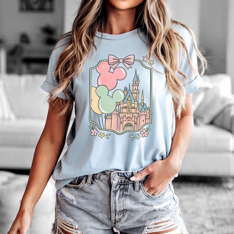Balony Disney Castle Mouse – Bella Canvas, Koszulka Disney Castle, Wycieczka dla dziewczynek Disney, Magiczny, Najlepszy Dzień w Życiu, Ariel Kopciuszek Elsa zdjęcie 1