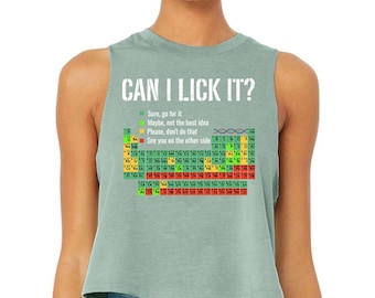 ¿Puedo lamerlo? (blanco) - Camiseta de tirantes corta, divertida camiseta de química con la tabla periódica, divertida camiseta de la tabla de elementos, divertida camiseta de científico, divertida camiseta de friki