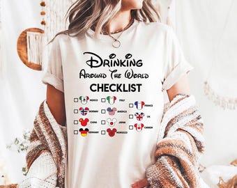 Lista de verificación para beber en todo el mundo Mickey - Colores cómodos, Camiseta para beber de Epcot, Camisetas del equipo de bebidas de Disney, Solo estoy aquí por las bebidas