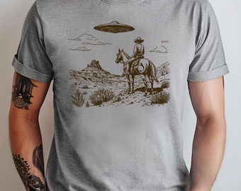 Cowboy and UFO Spaceship - Vintage Western Sci-Fi Graphic Tee, Quirky Space Cowboy Design, Vintage Cowboy Alien T-shirt, Vintage 90s Shirt