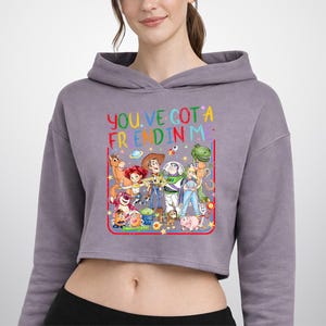 May include: A mauve cropped hoodie featuring a colorful graphic print of Toy Story characters and the text "YOU'VE GOT A FRIEND IN ME" in rainbow lettering. The design includes Woody, Buzz Lightyear, Jessie, Rex, and other characters framed by a red border.