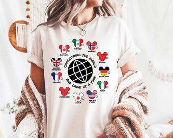 Conquistando el mundo una bebida a la vez: colores cómodos, beber en todo el mundo, camiseta para beber de Epcot, camisetas del equipo de beber de Disney