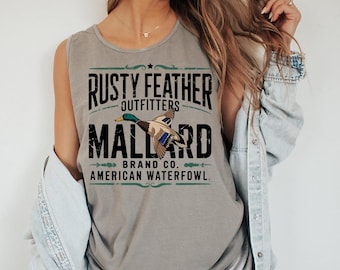 Rusty Feather Outfitters - Camiseta de tirantes Comfort Colors, camiseta de pato real, regalo para amantes de los patos, camiseta con estampado vintage de vida silvestre, camiseta de camping