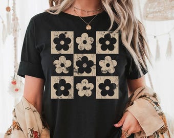 Flores a cuadros - Colores cómodos, camiseta retro bohemia con flores, camisa de verano, camisa bohemia con flores, bohemia hippie, camiseta de moda, camiseta del mercado de flores
