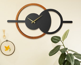 35 Inches Modern Metal & Wood Wall Clock, Silent Unique Wall Clock, Large Wall Clock, Horizontal Clock, Clocks for Wall, Wall Clock Modern