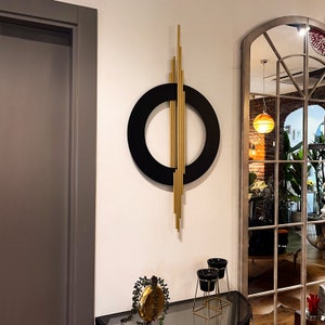Geometa 3D Metal Unique Wall Decor (39&quot; x 16&quot;) Large Geometric Wall Art (Hangable Horizontally or Vertically) Black and Gold Modern Decor