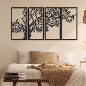 Tree of Life 4 Panels Metal Wall Art, Large Wall Art, Modern Home Decoration for Living Room, Tree Sign, Tree Wall Decor, Wall Hanging