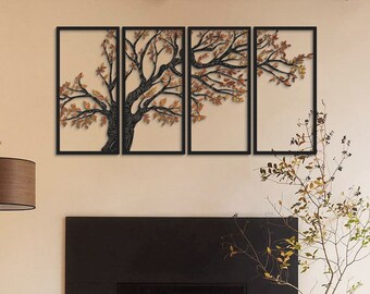 4 Piece Framed Wall Art Set, Metal Tree Wall Art, Large Wall Art, Modern Home Decoration for Living Room Nature Forest Artwork Tree of Life