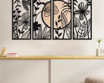 45x27" Ginkgo Large Metal Wood Wall Art Set, 4 Panel Framed Wall Art, Metal Wall Decor, Wall Hangings, Living Room Wall Art, Home Decor