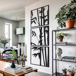 Bamboo Tree Vertical Wall Art Set, Large Metal Wall Art, Modern Home Decor Artwork, Living Room Wall Art, Wall Hangings, Framed Wall Art