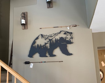 Metal Bear Mountain Wall Art, Bear Wall Decor, Metal Wall Art Mountains, Home Decoration Artwork, Living Room Wall Art, Wall Hangings