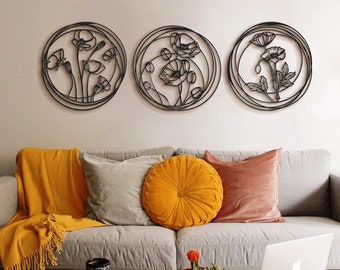 Poppy Flowers Metal Wall Art, 3 Piece Wall Decor, Wall Hangings, Living Room Wall Decor, Home Decor Wall Art Large, Bedroom Wall Decor