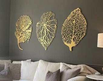 Metal Leaf Wall Art, Metal Wall Decor, Large Gold Leaves Wall Art, Wall Hangings, Modern Home Artwork Nature Decoration for Living Room