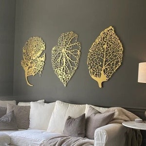 Metal Leaf Wall Art, Metal Wall Decor, Large Gold Leaves Wall Art, Wall Hangings, Modern Home Artwork Nature Decoration for Living Room