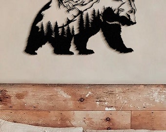 Large Metal Bear Wall Art & Mountains, Lodge Wall Decor, Rustic Mountain Home Decor, Bear Gifts, Room Decor, Wild Animal Wall Decor