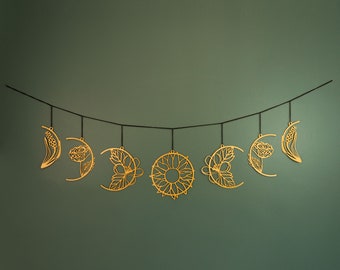 Metall Blumen Mond Phasen Wandbehang, Mond Phase Wand Kunst, Wandbehänge, Mond Girlande, Celestial Home Decor, Schlafzimmer Wanddekoration