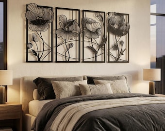 Metal Flowers Wall Art Set of 4, Large Metal Wall Decor, Living Room Wall Art, Wall Hangings, Floral Wall Decor, Home Decor
