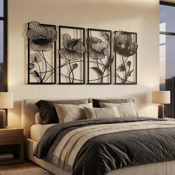 Juego de 4 flores de metal para pared, decoración de pared grande de metal, arte de pared para sala de estar, tapices, decoración floral de pared, decoración del hogar