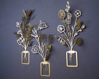 3D Gold Flowers in Vase Metal Wall Art Set, Wall Hangings, Unique Wall Decor, Metal Wall Art, Living Room Decor, Home Decor Artwork