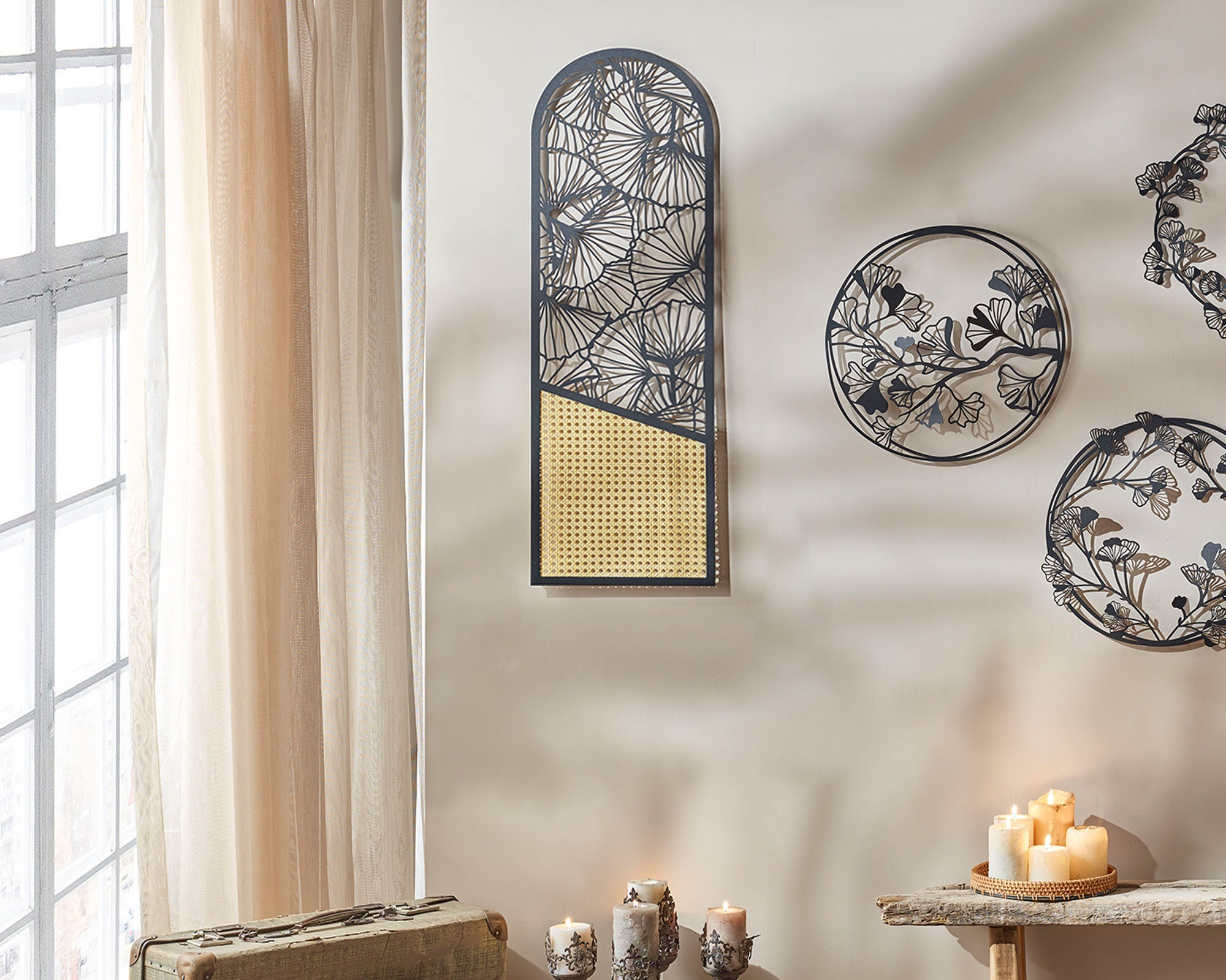 Large Metal Wall Art With Rattan Vertical Wall Decor Ginkgo Etsy Ireland