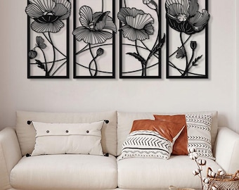 Metal Flowers Wall Art Set of 4, Large Metal Wall Decor, Living Room Wall Art, Wall Hangings, Floral Wall Decor, Home Decor