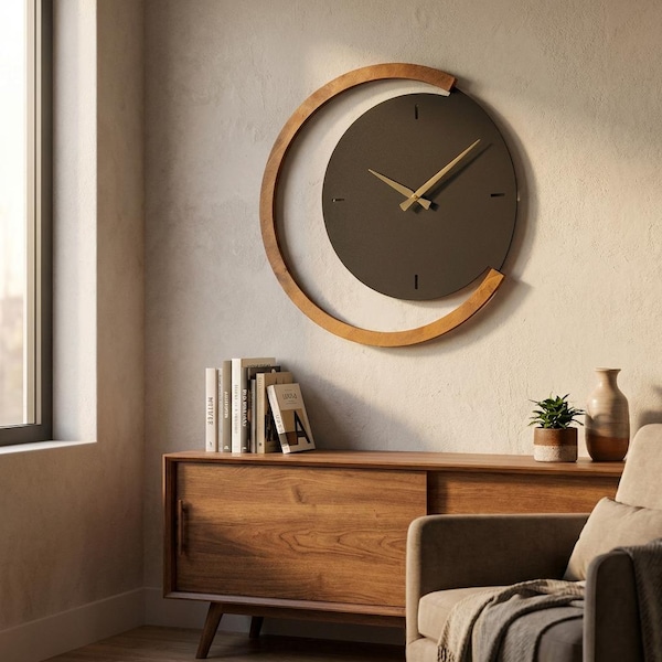 Moon Time Metal Wood Wall Clock (19 inches), Silent Unique Wall Clock, Clocks for Wall, Modern Wall Clock, Bedroom Wall Clock, Home Decor