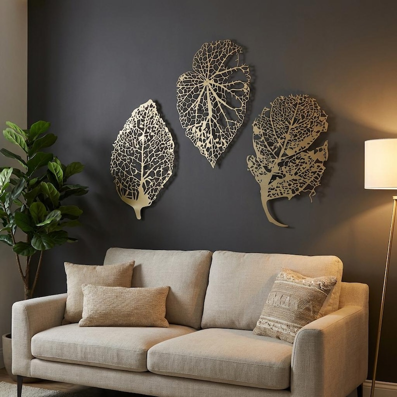 Arte de pared de hojas de metal, decoración de pared de metal grande, arte de pared de hojas único, tapices de pared, arte moderno para el hogar, decoración natural para la sala de estar imagen 3