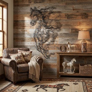May include: A rustic living room scene featuring a large metal horse wall art. A leather armchair with throw pillows and a blanket sits near a wooden console table with horse figurines and a lamp. A horse-themed rug completes the decor.
