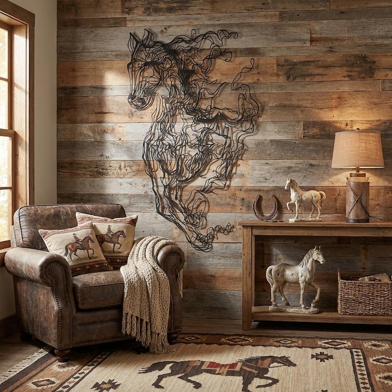 May include: A rustic living room scene featuring a large metal horse wall art. A leather armchair with throw pillows and a blanket sits near a wooden console table with horse figurines and a lamp. A horse-themed rug completes the decor.
