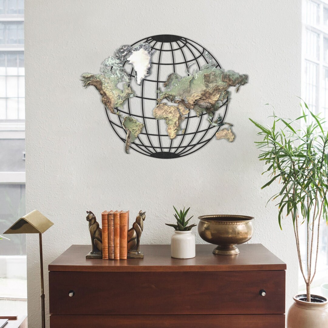 Topographic World Map Metal Wall Art, Metal Wall Decor, Wall Hangings