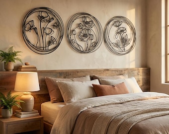 Set of 3 Poppy Flowers Metal Wall Art, Metal Wall Decor, Living Room Decor, Home Decor Wall Art Large, Bedroom Wall Decor, Wall Hangings