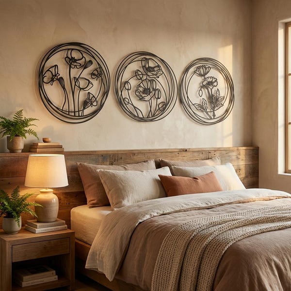 3er Set Mohnblumen Metallwandkunst, Metallwanddekor, Wohnzimmerdekor, Hauptdekorwandkunst groß, Schlafzimmerwanddekor, Wandbehänge