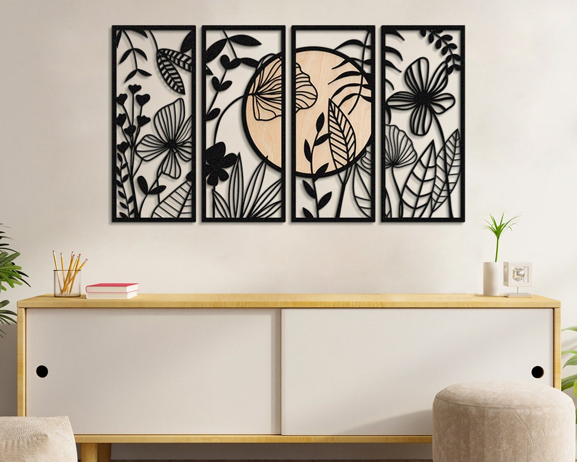 Large Metal Wood Wall Art Set 4 Panel Framed Wall Art Metal Etsy