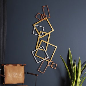 Large Geometric Metal Wall Art, Metal Wall Decor, Squares Wall Art, Modern Home Decoration for Living Room, Wall Hangings, Metal Artwork