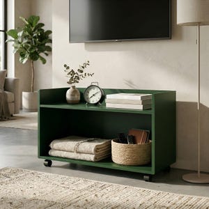 May include: A dark green storage cabinet with two shelves, holding books, a woven basket, blankets, and a small alarm clock. The cabinet is on wheels and sits on a patterned rug. A television is mounted on the wall above.