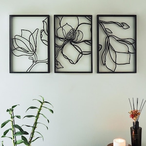3 Piece Floral Metal Wall Art Set, Large Metal Wall Decor, Metal Line Art, Wall Hangings, Living Room Wall Art, Bedroom Wall Decor