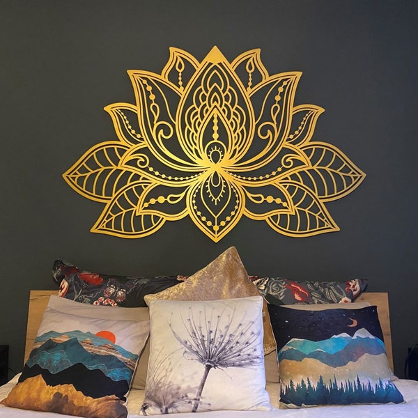 Arte de pared de metal mandala 3D, decoración de pared para sala de estar, arte de pared de flor de loto, decoración del hogar, arte de pared grande de oro, colgante de pared, decoración espiritual