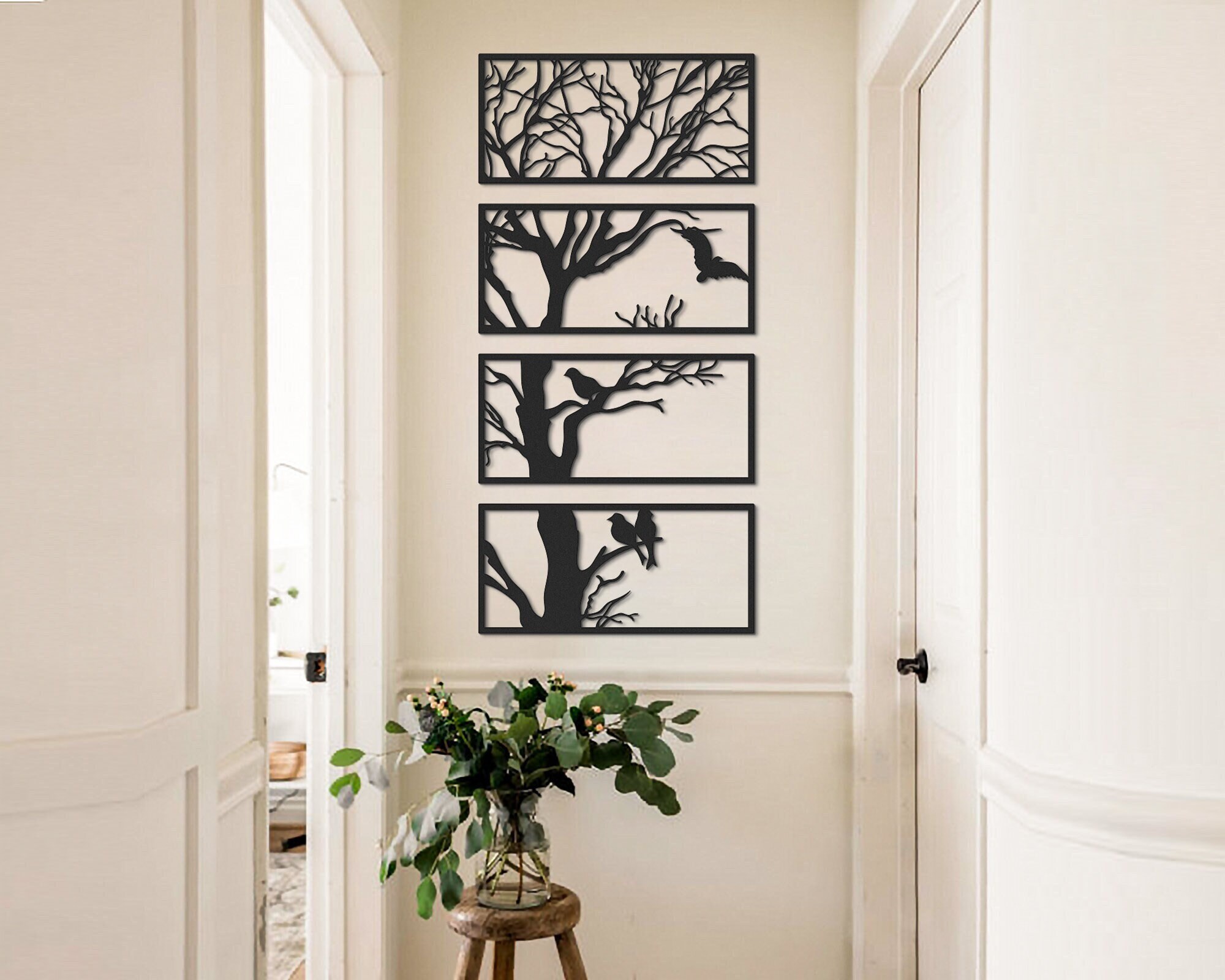 4 Panel Tree Metal Wall Art Vertical Wall Decor Living Room Etsy