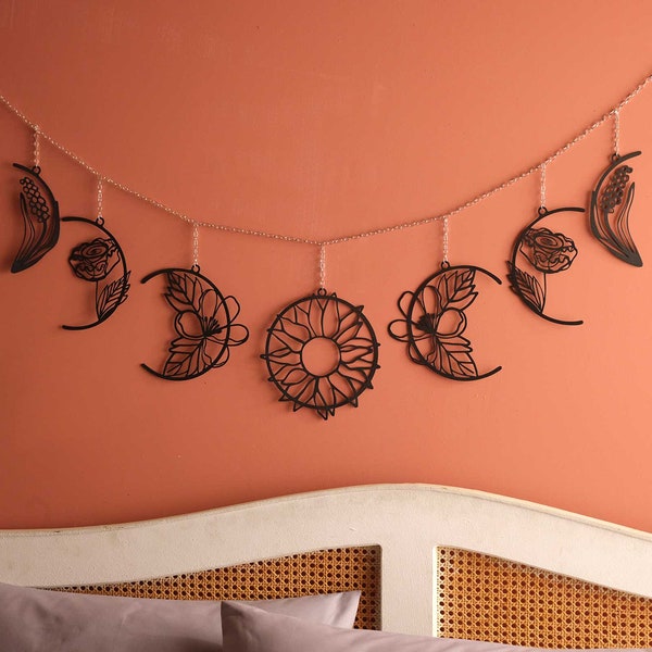 Metal Floral Moon Phases Wall Hanging, Bedroom Wall Decor, Celestial Above Bed Garland Decor, Moon Phase Wall Art, Living Room Decor