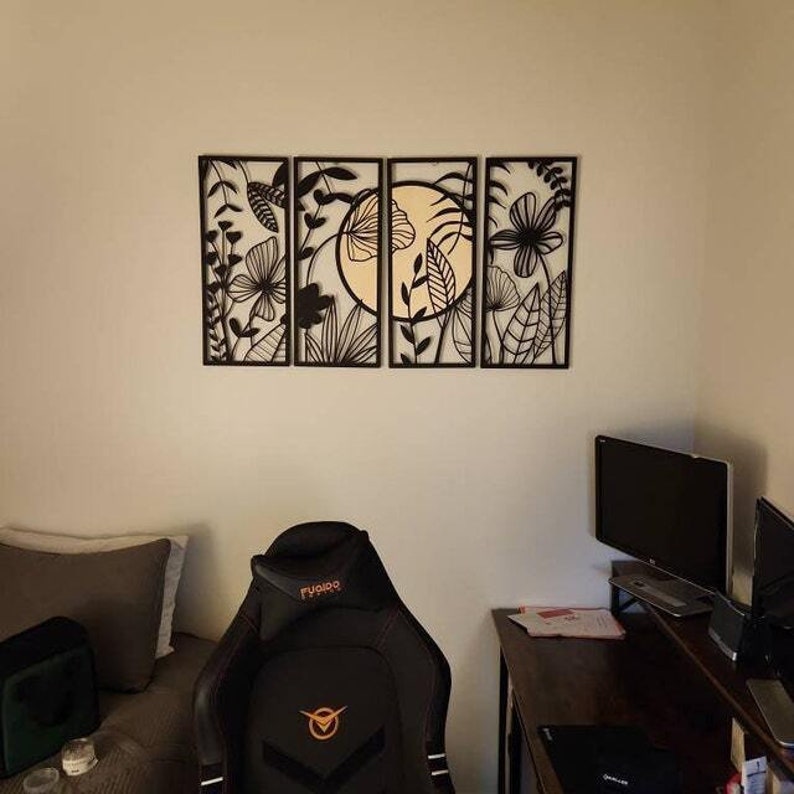 Large Metal Wood Wall Art Set 4 Panel Framed Wall Art Metal Etsy