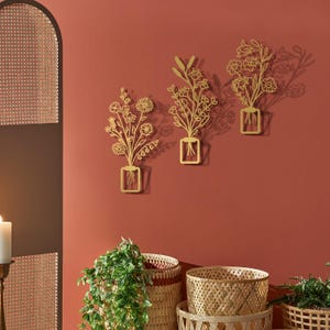3D Gold Flowers in Vase Metal Wall Art Set of 3, Wall Hangings, Unique Wall Decor, Metal Wall Art, Living Room Decor, Home Decor Artwork