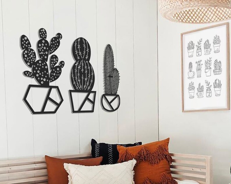 Metal Cactus Wall Art Set Metal Wall Decor Geometric Cactus Etsy