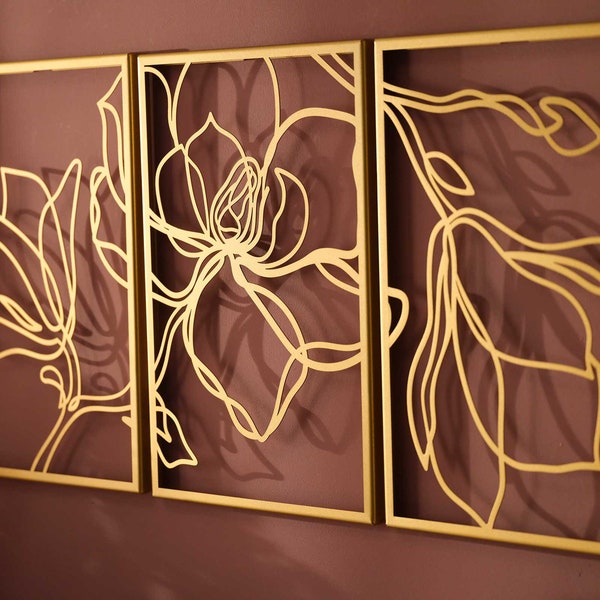 Conjunto de 3 grandes arte de pared de metal, arte de línea floral, decoración de pared de metal, decoración del hogar, colgantes de pared, arte de pared de sala de estar, decoración de pared de dormitorio