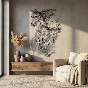 May include: A black metal horse wall art sculpture. The artwork is a stylized representation of a horse, with flowing lines creating the mane and body. The sculpture is mounted on a light gray wall, with a wooden cabinet and beige armchair in the background.