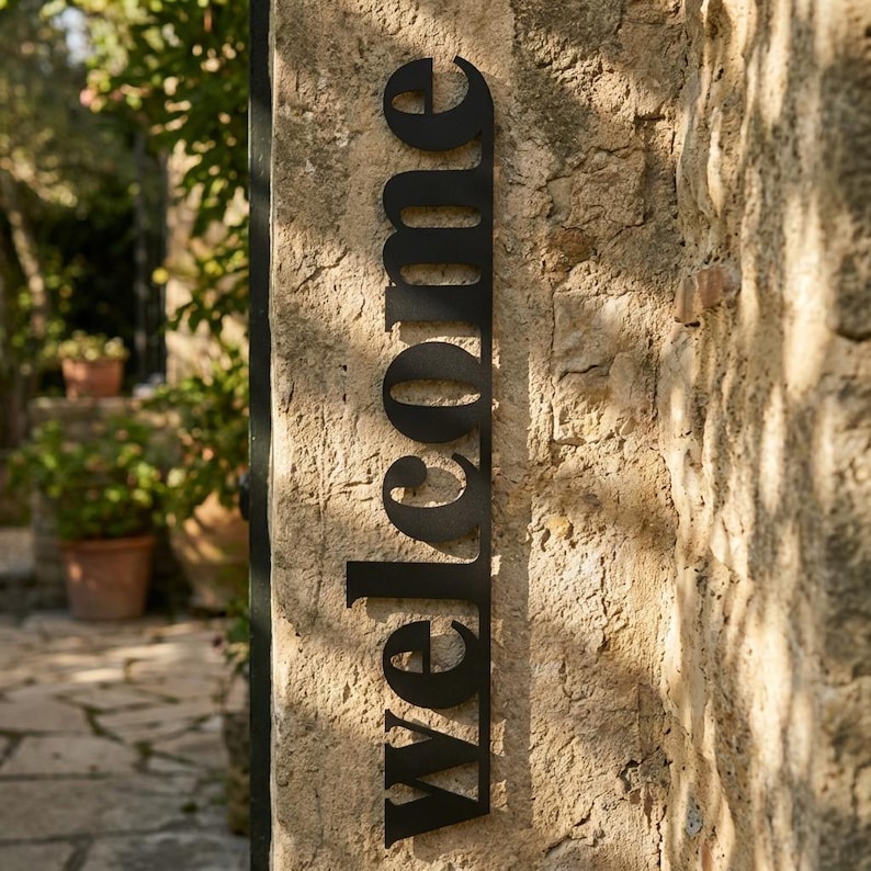 May include: A black metal "welcome" sign is mounted on a textured stone wall. The sign's elegant cursive font contrasts with the rough stone, creating a welcoming entrance. The sign is vertical and the word is spelled out in a single line.