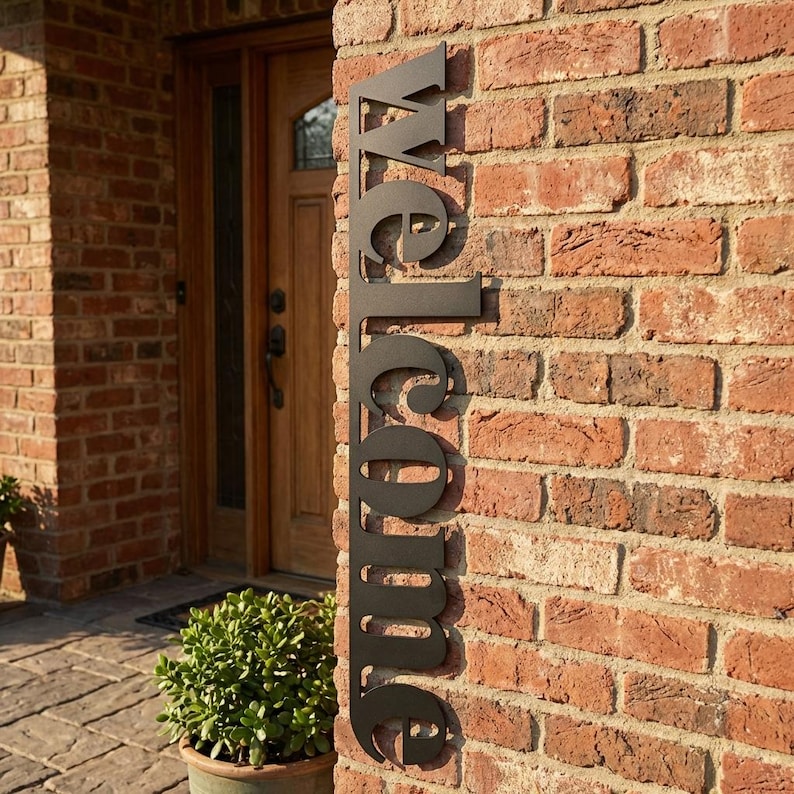 May include: A black metal "welcome" sign is mounted on a red brick wall. The sign is vertically oriented and features a cursive font. A wooden door and potted plant are visible in the background.