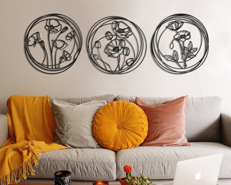 Poppy Flowers Metal Wall Decor Set Of 3 Large Art - Metal Wall Art Decor For Living Room Poppy Flowers Metal Wall Decor Set Of 3 Large Art - Metal Wall Art Decor For Living Room